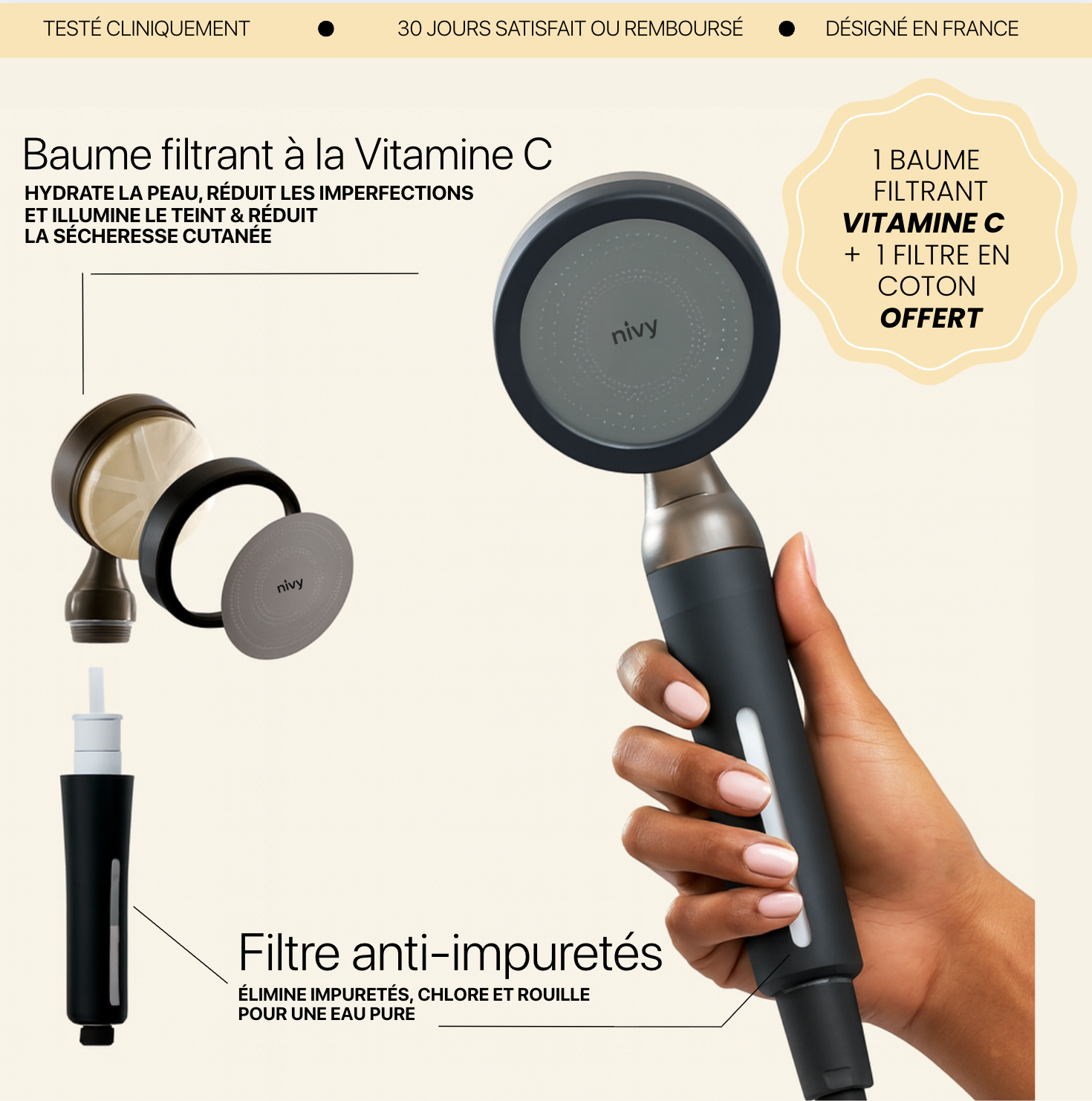 Pommeau de douche Nivy à double filtration – Vitamine C, Éclat & Peau nette
