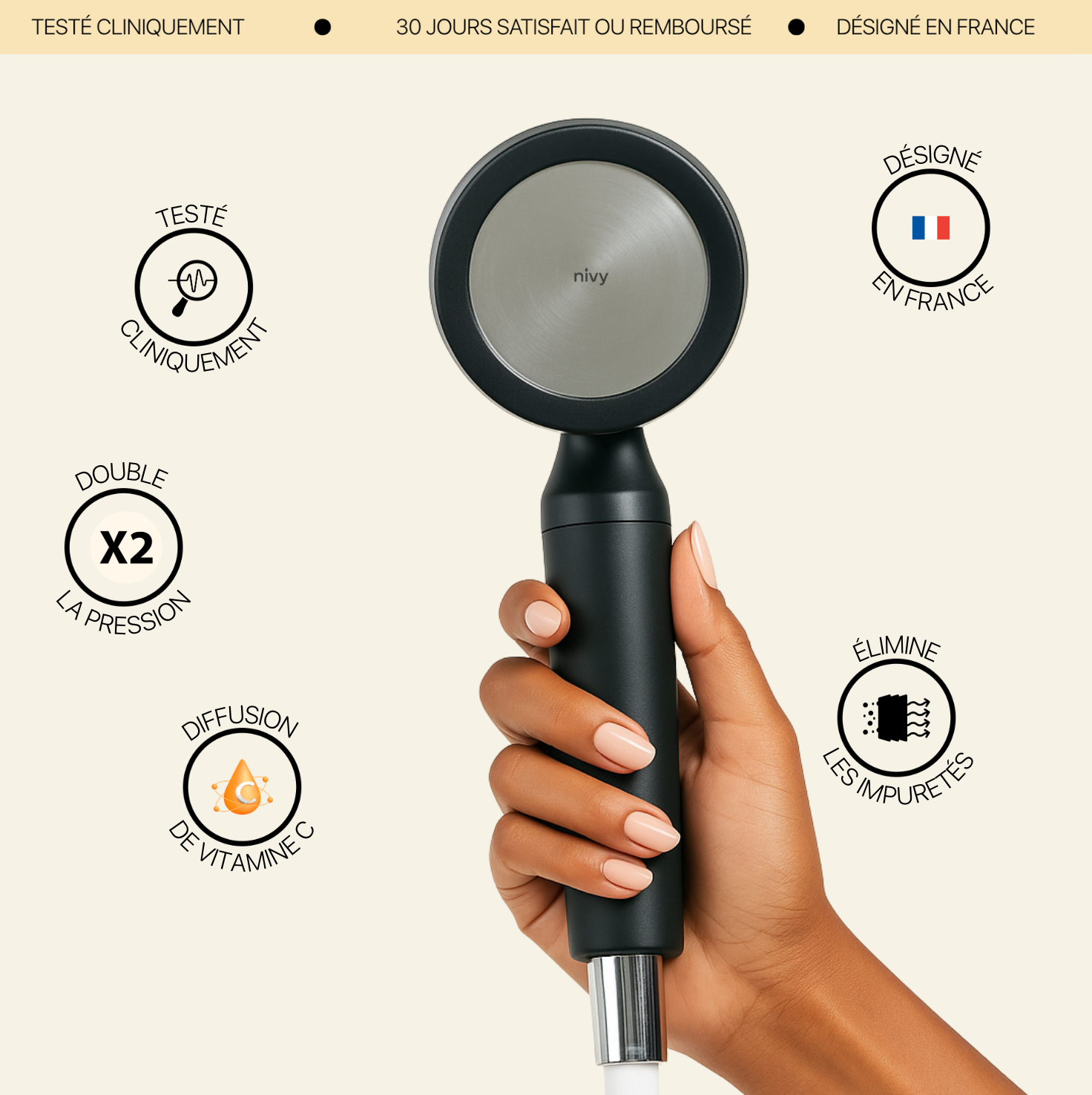 Pommeau de douche Nivy à double filtration – Vitamine C, Éclat & Peau nette